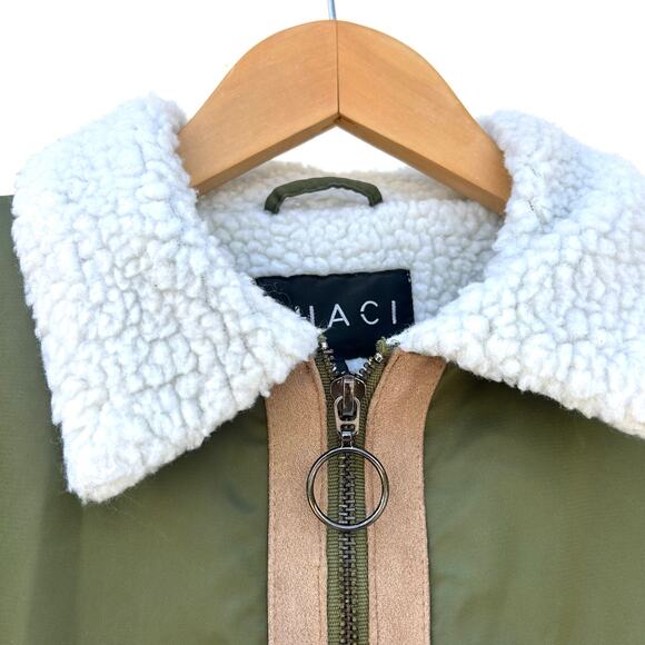 Shaci Cropped Bomber Jacket Faux Fur Sleeves Olive Green Small Streetwear - Picture 9 of 13